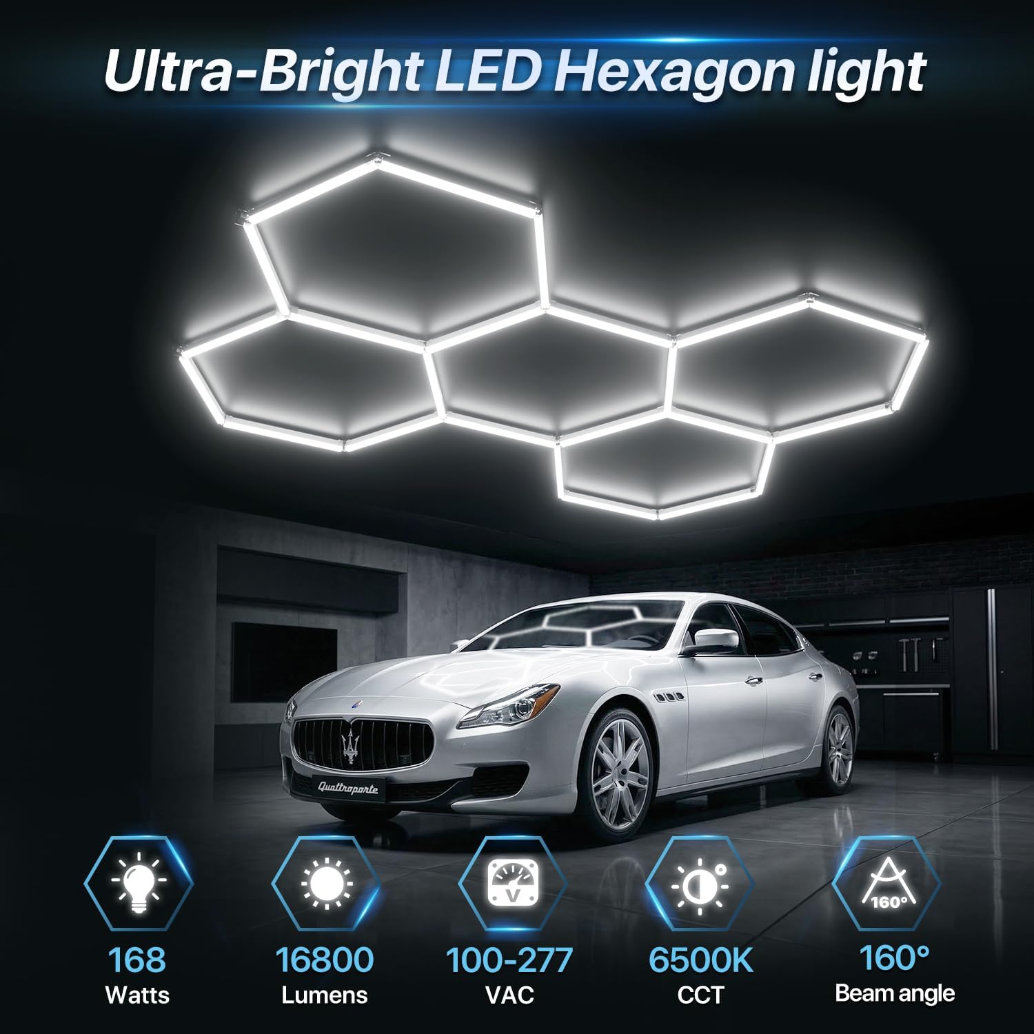 HYPERLITE Gen 2 Hexagon Garage LED Light, Upgraded 3 Level Dimmable 168W 16800LM Super Bright Garage Detailing Lights, 5 Grids Hex Shop Light, Hexagon LED Lights for Basement, Car Wash, Gym, Shop